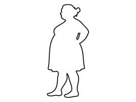 Black outline of a plus size middle aged woman standing in side pose, isolated on white background, illustration. concept of female silhouette, icon, graphic design, sketch, artistic element vector
