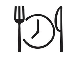 Black outline of clock with fork and knife as cutlery on white background, graphic illustration. concept of dining, mealtime, food schedule, icon, logo, design element vector