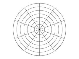 Black outline radar chart template with concentric circles and radial lines on white background. data visualization, target diagram, analysis grid, circular chart layout, Circular bullseye target vector