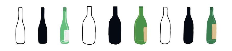 Set of Wine Bottles in Different Styles Silhouette, Outline, Colored Versions. Glass Beer Bottles isolated on white background. Concept of Alcoholic Beverage, Minimalist Design, and Drink Packaging vector
