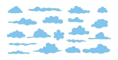 Collection of Blue Clouds in Various Shapes on Isolated White Background. Sky Elements, Weather Symbols, Nature Art, Cute Cloud Patterns, Minimalist, Atmospheric Design Elements. Set. ClipArt vector
