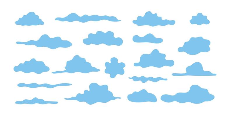 Collection of Blue Clouds in Various Shapes on Isolated White Background. Sky Elements, Weather Symbols, Nature Art, Cute Cloud Patterns, Minimalist, Atmospheric Design Elements. Set. ClipArt
