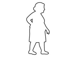 outline of elderly woman walking in profile view with hand on lower back, isolated on white background. Concept of senior mobility, aging body, human outline, minimal art vector