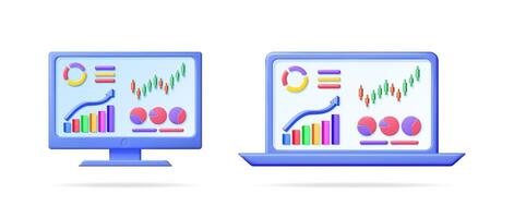 3d set collection with business analytics on computer monitor and laptop showing growth data and financial charts for presentation. vector