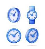 3d set collection of cartoon style blue clock and wristwatch showing the concept of time management and schedule. vector
