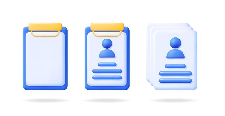 Set of 3D document icons representing personal data input and accumulation. Abstract concept for user profiles and data management.