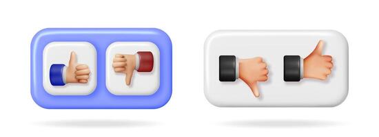 3D illustration of thumbs up and down icons for social media. Like and dislike buttons for online feedback on white background. vector