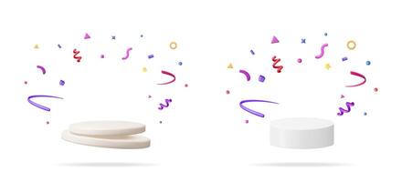 Product display stands 3d set collection with abstract colorful shapes and confetti explosion on white background. vector