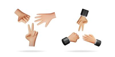 Hand gestures playing rock paper scissors game. Group of hands making decision challenge. 3d illustration collection set on white background. vector