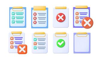 3d illustration cartoon set of checklist, empty forms, document, clipboards with check mark for approval or agreement vector