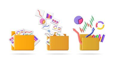 3D set collection of file folders with various business charts and graphs floating around. Financial analysis and data organization concept. vector