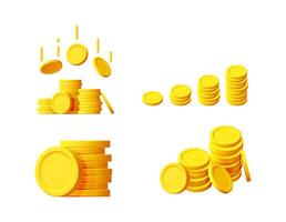 Golden coin stacks and falling coins 3d render illustration set. Financial growth, investment and saving money concept on white background. vector