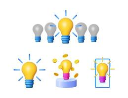 Set of 3d illustrations of bright light bulb for business idea concept and innovation in tech. vector