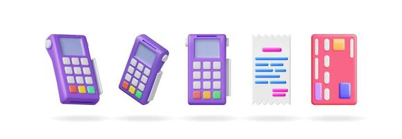 3d set collection of payment terminal, paper receipt, and bank card. Online payment method and financial transaction concept for e-commerce. vector