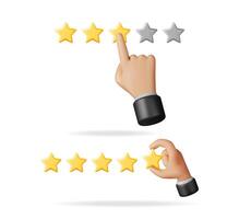 Hand giving a three star rating and a hand putting a star to complete a five star rating. Customer review and satisfaction concept. vector