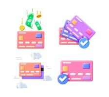 3d illustration set of credit cards, money falling into card, multiple cards, card with check mark, and card transaction in clouds for banking concepts. vector