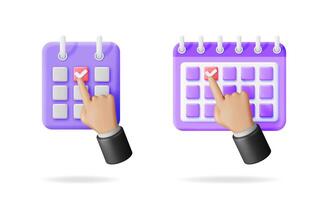 Man hand touching calendar agenda with checkmark. Planner and schedule concept. 3d illustration for business reminder and event planning. vector