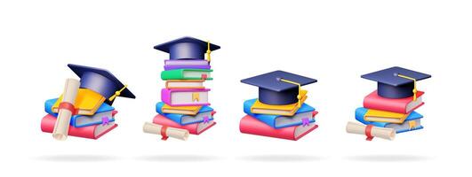 3d set collection of academic graduation caps, colorful book icon, and diploma scroll. Education and learning background. vector