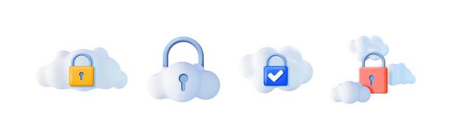 Set of 3d cloud computing icon with padlock. Data protection and cloud storage security. Digital information safety and privacy. vector