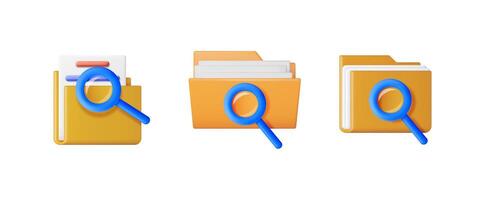 Three yellow folders with blue magnifying glass icon for document search. File management and data organization concept. vector