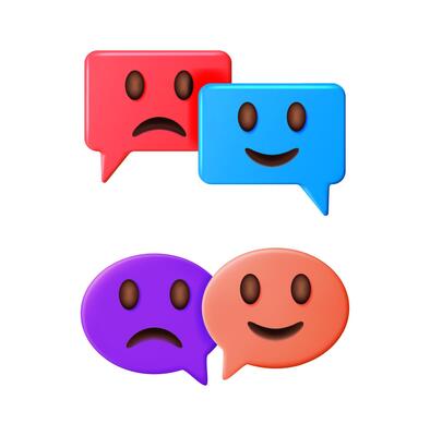 Colorful 3D chat bubbles with happy and sad facial expressions. Customer feedback, online communication, and mood concept for social media.