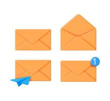 Four 3d realistic rendering icons featuring mail envelope. Orange paper letters with blue plane or new message notification. cartoon illustrations for digital communication. vector