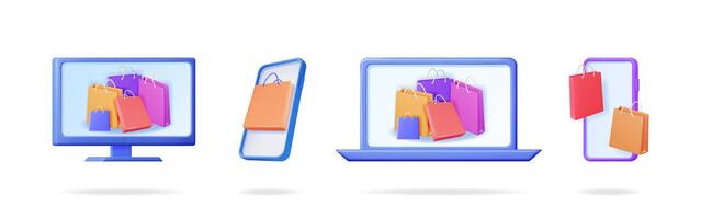Online shopping application on electronic devices. Digital commerce concept with shopping bags. Ecommerce purchasing via computer, laptop and smartphone. vector