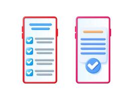 Smartphone with 3d checklist and complete concept. Digital task management and survey on mobile phone. Online form acceptance on screen. vector