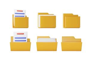 Collection of 3d rendering yellow document folder icons with file papers and empty concept for file management and organization. vector