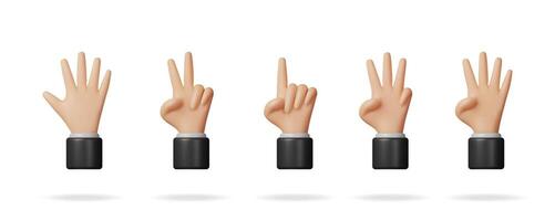 Hand gestures for counting from one to five. Set of cartoon human hands showing numbers. Numeric sign for communication. vector