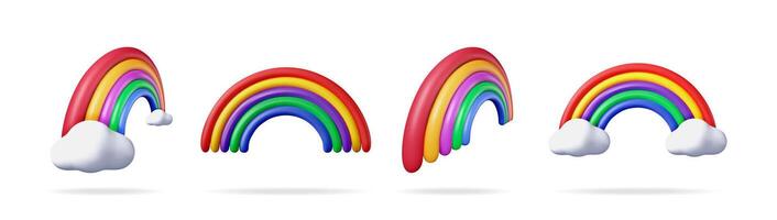 Set of 3d illustrations of colorful rainbow with cloud. Weather icon for children applications and digital media. vector