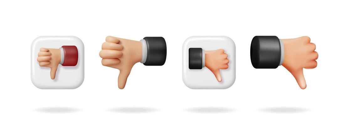 3d hands showing thumbs down gesture. Male hand icons express discontent and dislike. Social media feedback and ranking concept.