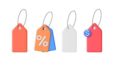 Set of 3d rendering price tag signs. Empty label templates and discount tags with percent and dollar symbols. Sales promotion concept. vector