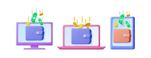 Digital wallet on monitor, laptop and phone. Online money transfer and payment concept. E commerce and blockchain transaction. vector