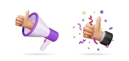 3d illustration of a hand with thumbs up emerging from a megaphone and another hand showing approval with confetti. vector