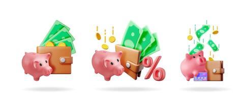 Three 3d piggy bank concepts with wallets and money, for financial savings and investment growth. vector