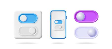 3d illustration set of colorful on off toggle switches on a smartphone screen and standalone icons for UI design or mobile application. vector