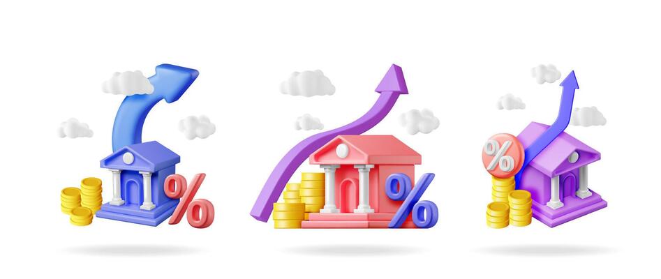 Three colorful 3d bank or finance buildings with gold coins, up arrows, and percentage signs, reflecting rising interest rate return.