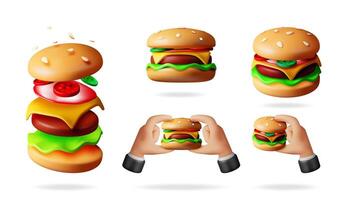 Set of 3d delicious burger illustration with flying ingredients, tasty fast food, and hands holding a hamburger, for menu design. vector