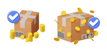 Two cardboard boxes with check marks and gold coins. Money falling on package. Deliver order, payment, financial concept. vector