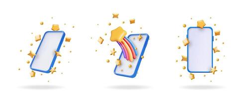 3d set collection of smartphone with golden stars and rainbow streak. Concept of online review, success, ranking, good service, and mobile app rating. vector