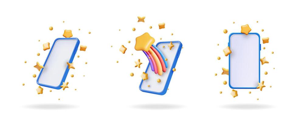 3d set collection of smartphone with golden stars and rainbow streak. Concept of online review, success, ranking, good service, and mobile app rating.
