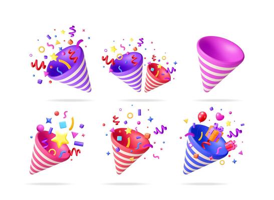 Set of 3d illustrations of party popper explosion with flying confetti and gift box. Celebration concept for holiday greeting card.