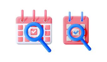 3d cartoon style icon set of calendar with checkmark and magnify glass. Schedule, planning and task management concept. vector