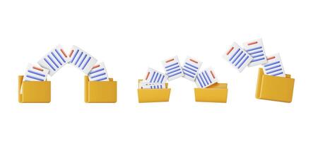 Three illustrations of documents transferring between yellow folders, visualizing file backup and data organization. Digital document transfer and file management concept. vector