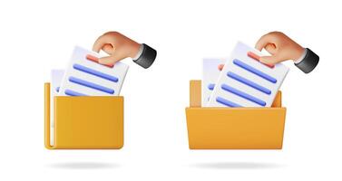 Hand inserting document into folder. Data organization concept. File storage with paper. Digital document management. Information technology. vector
