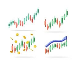 Set of 3d financial candle chart graphs with upward trending arrows and falling coins. Stock market analysis for investment and trading. vector
