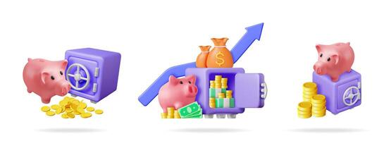 Various 3d illustrations of piggy bank, safe, money, and arrow representing finance and investment concept for business use. vector
