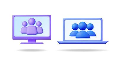 Computer monitor and laptop computer displaying user avatars. Online team collaboration and digital communication concept for internet technology. vector