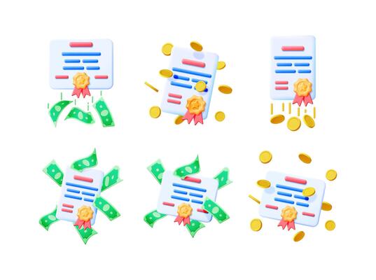 Digital document with falling money and coins, featuring a golden award. 3d reward with gold medal and ribbon illustration. Financial success concept.